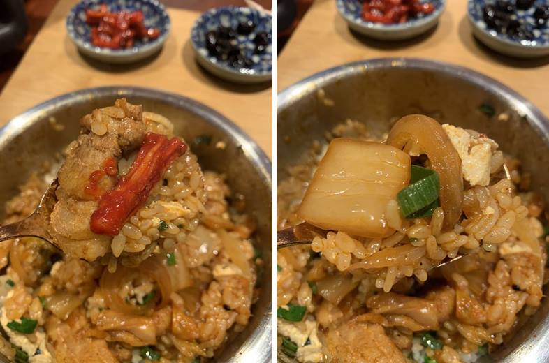 무말랭이와 김치와 함께 먹는 모습