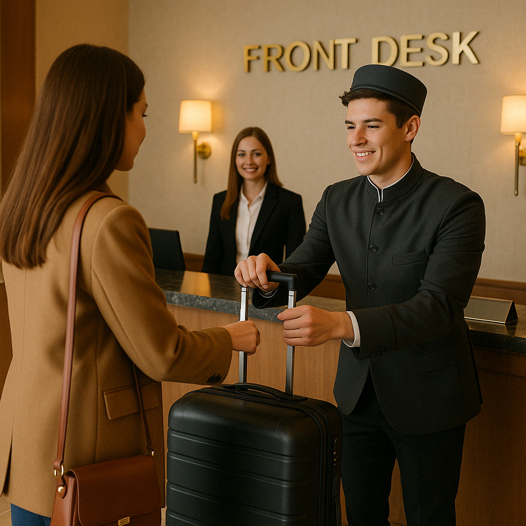 체크아웃 후 짐을 맡기는 장면을 연상케 하는 이미지로&amp;#44; &amp;#39;Can I leave my bags here?&amp;#39; 같은 표현에 적합합니다.