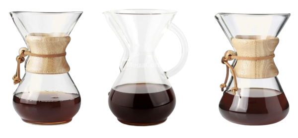 세가지 케멕스 드리퍼가 있다. 양쪽은 중앙에 우드 재질 파트가 있고 가운데는 유리 손잡이가 있다.