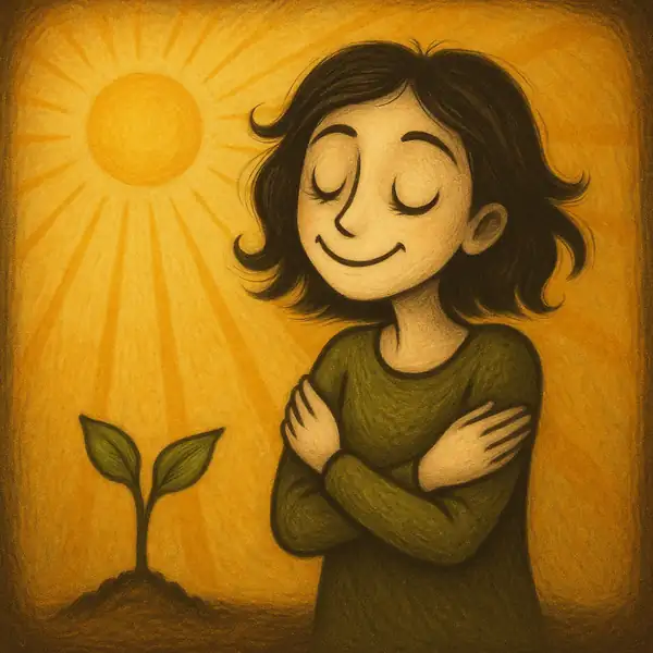 햇살 아래에서 자신을 따뜻하게 안아주며 건강한 성장을 상징하는 새싹과 함께 미소짓는 모습을 팀 버튼풍 감성으로 표현한 일러스트