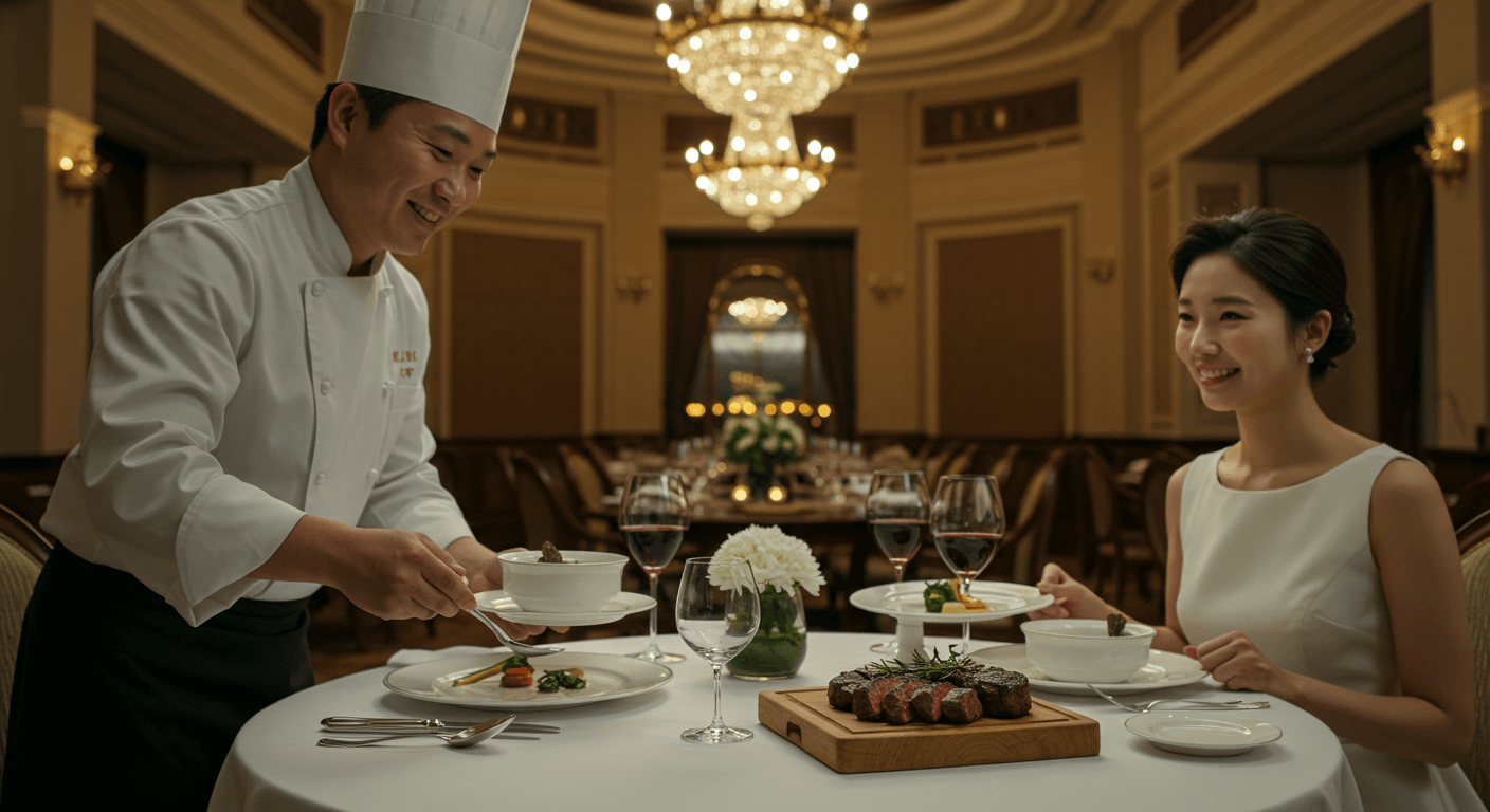한국인 쉐프가 웨딩홀에서 수프와 스테이크를 서빙하는 장면 1