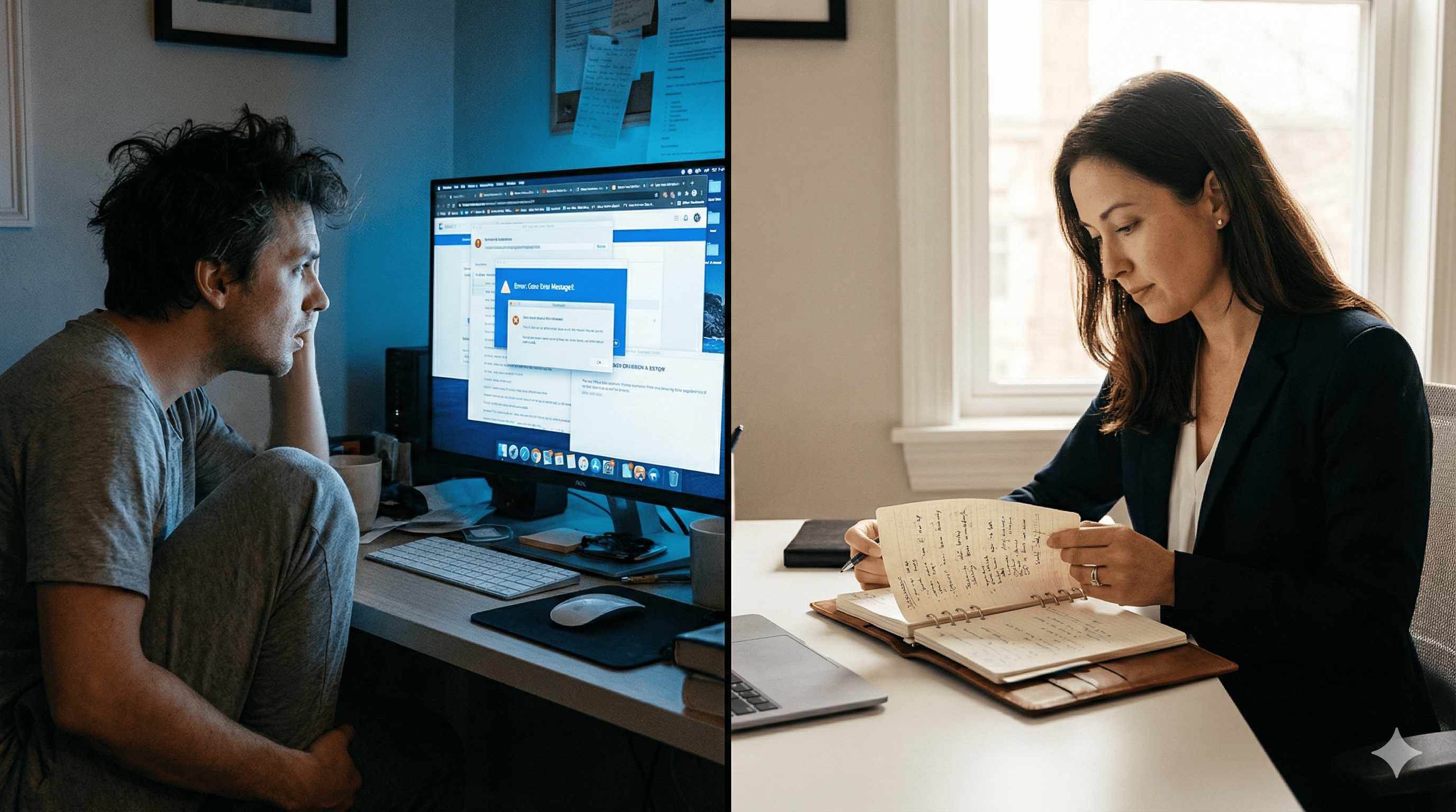 초보와 고수의 한 끗 차이를 가르는 사고의 깊이와 태도의 변화. 혼란스러운 초보와 체계적으로 노트를 분석하는 전문가의 선명한 대비가 느껴지는 프롬프트 설계 현장입니다.