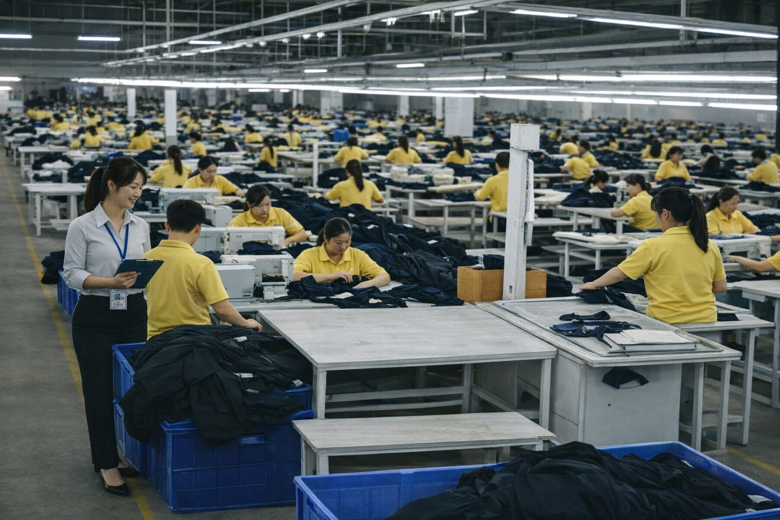 노란 유니폼을 입은 직원들과 여성 현장 관리자가 점검 중인 대형 의류공장 내부 전경