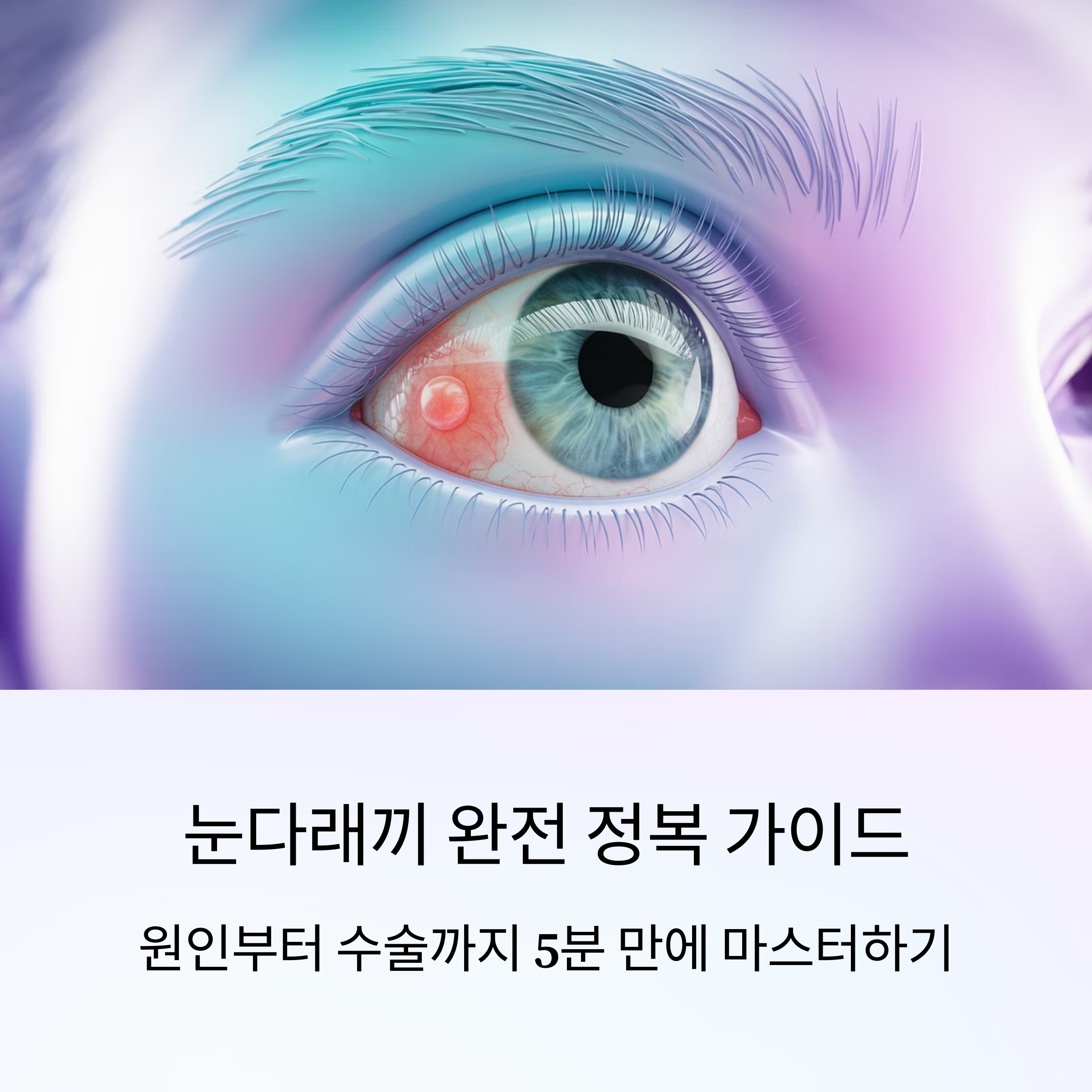 눈에 눈다래끼가 생긴 모습을 클로즈업한 이미지와 함께, 눈다래끼 원인부터 수술까지 완전 정복 가이드를 안내하는 표지 이미지