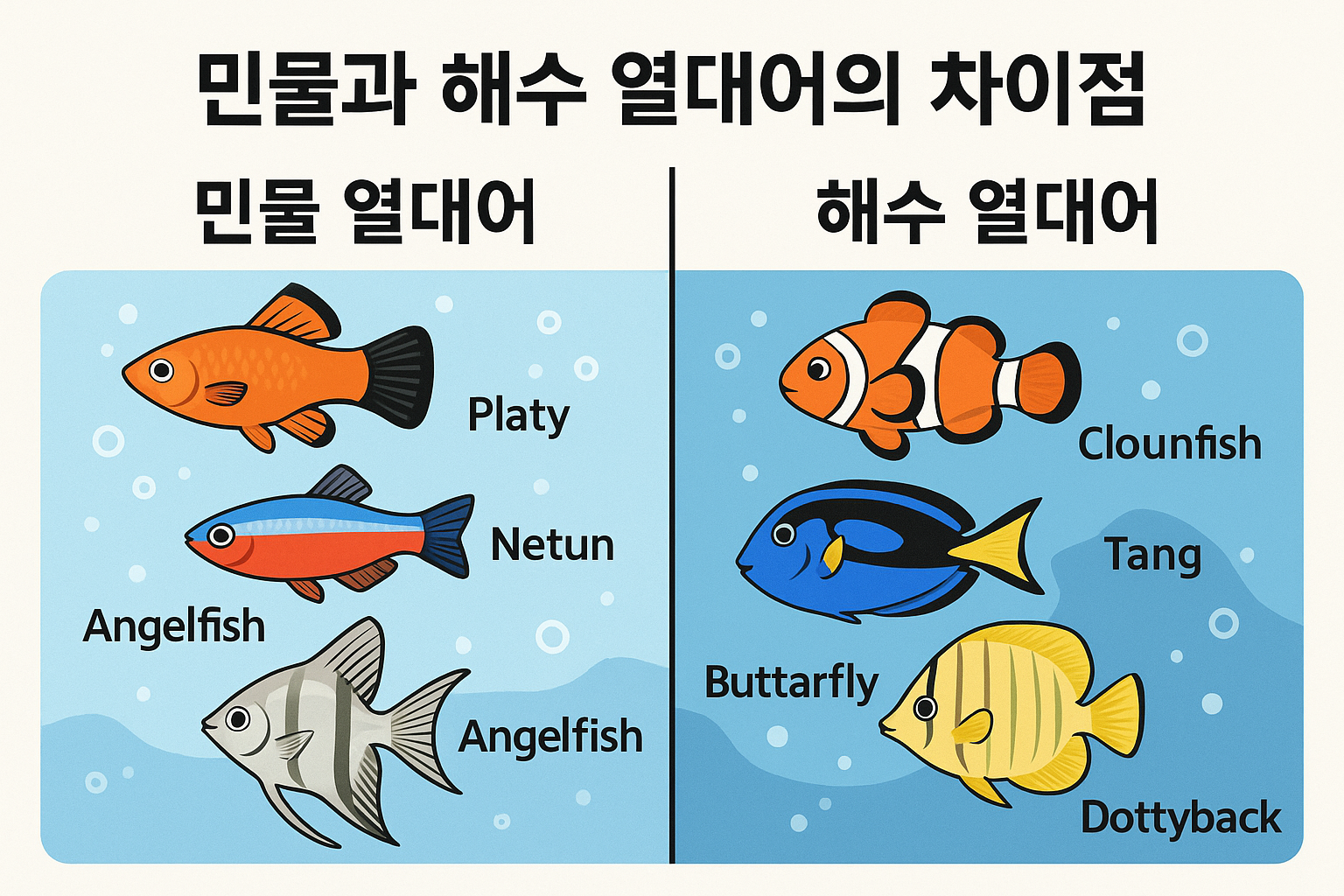 물 반으로 나뉜 일러스트 이미지로, 왼쪽은 민물 열대어, 오른쪽은 해수 열대어를 나타냅니다.
민물 열대어 쪽에는 플래티(Platy), 네온테트라(Netun), 엔젤피쉬(Angelfish)가 그려져 있으며, 연한 하늘색 배경 위에 위치해 있습니다.
해수 열대어 쪽에는 크라운피쉬(Clownfish), 탱(Tang), 버터플라이피쉬(Butterflyfish), 도티백(Dottyback)가 그려져 있으며, 진한 바다색 배경 위에 있습니다.
이미지 상단에는 "민물과 해수 열대어의 차이점"이라는 굵은 한글 제목이 있으며, 각 어종은 해당 명칭이 영어로 함께 표시되어 있습니다.
