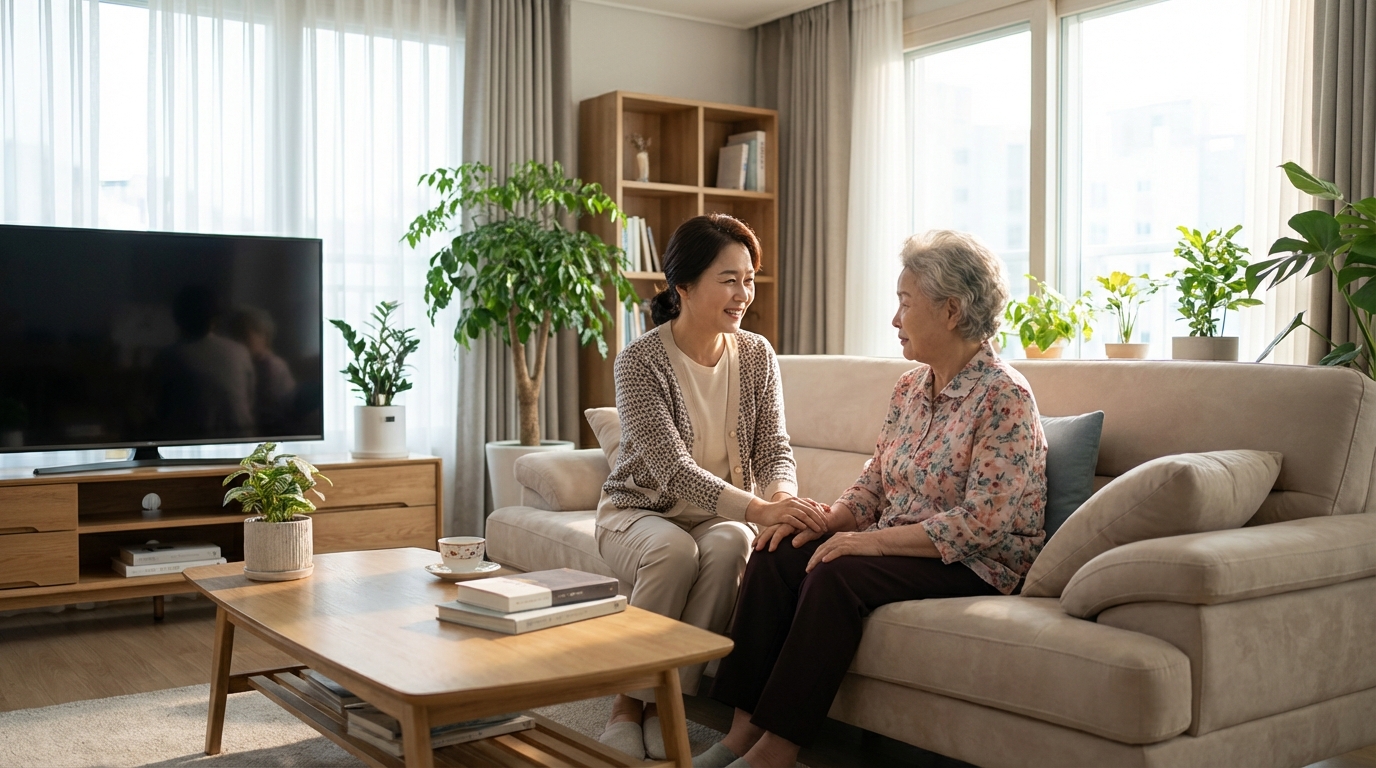 어르신에게 노인복지 재가요양 서비스에 대해 설명하는 모습