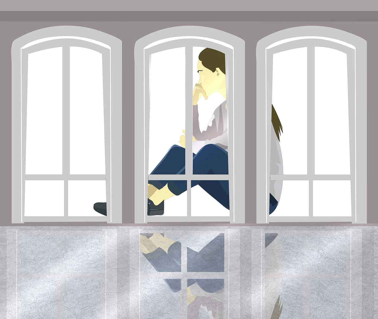 창틀-사이로-여자가-턱괴고=앉아있는-일러스트