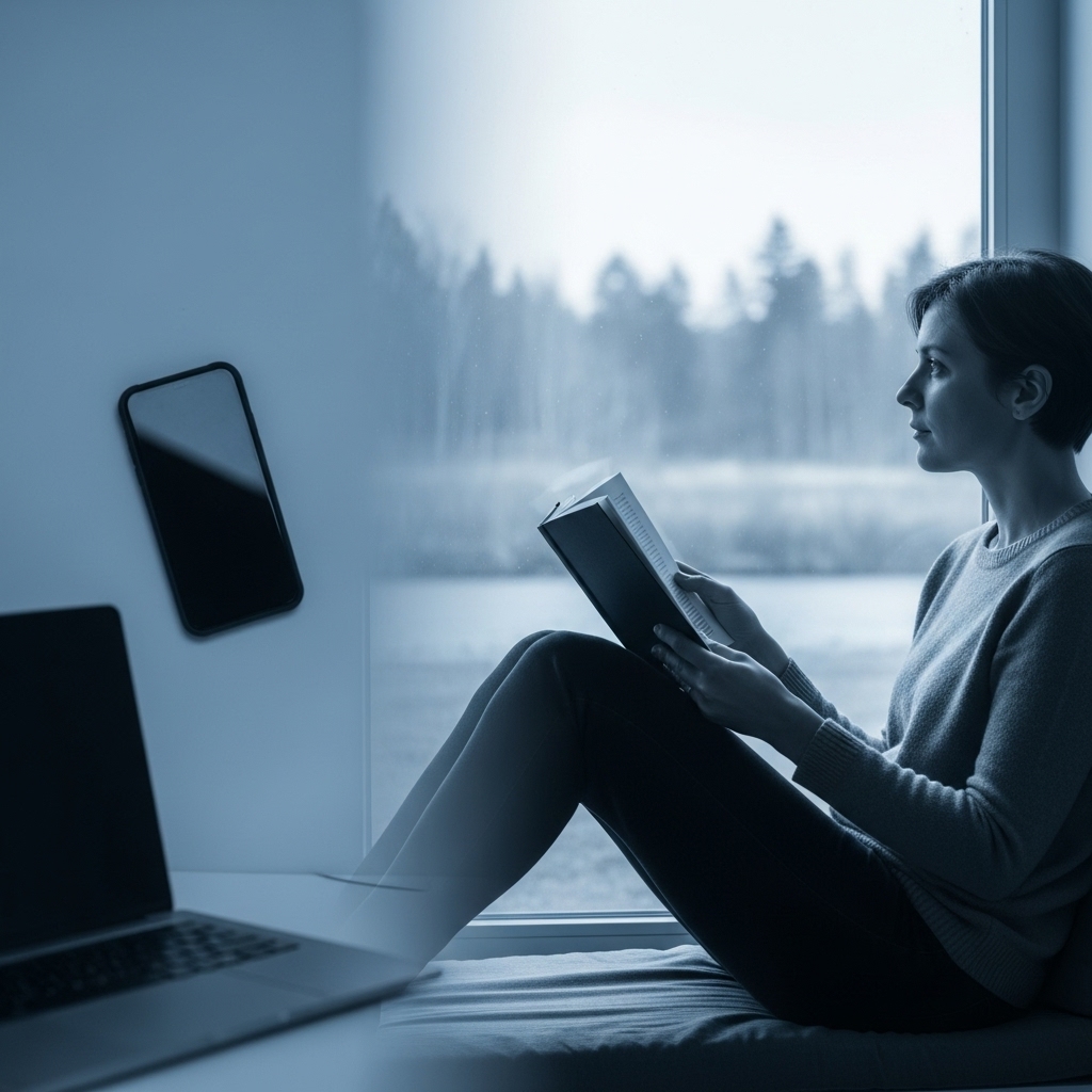 창가에 앉아 평화롭게 책을 읽는 사람의 옆모습, 디지털 기기 없이 차분한 분위기가 느껴지는 도파민 디톡스 이미지