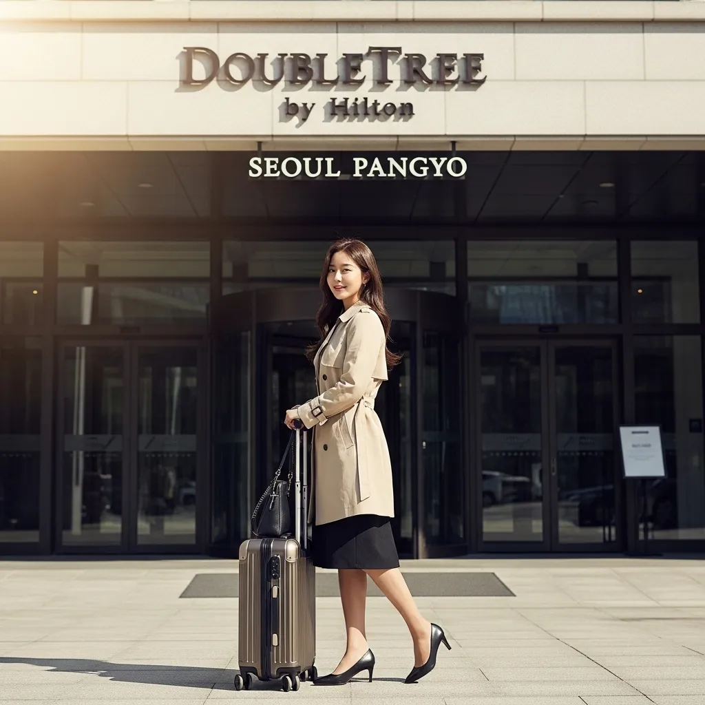 더블트리 힐튼 판교 호텔 앞에서 밝게 미소 짓고 있는, 아름다운 여성 고객의 클로즈업 샷