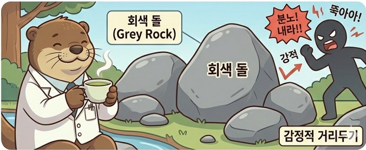 회색 돌 옆에서 차한잔 하는 수달의사