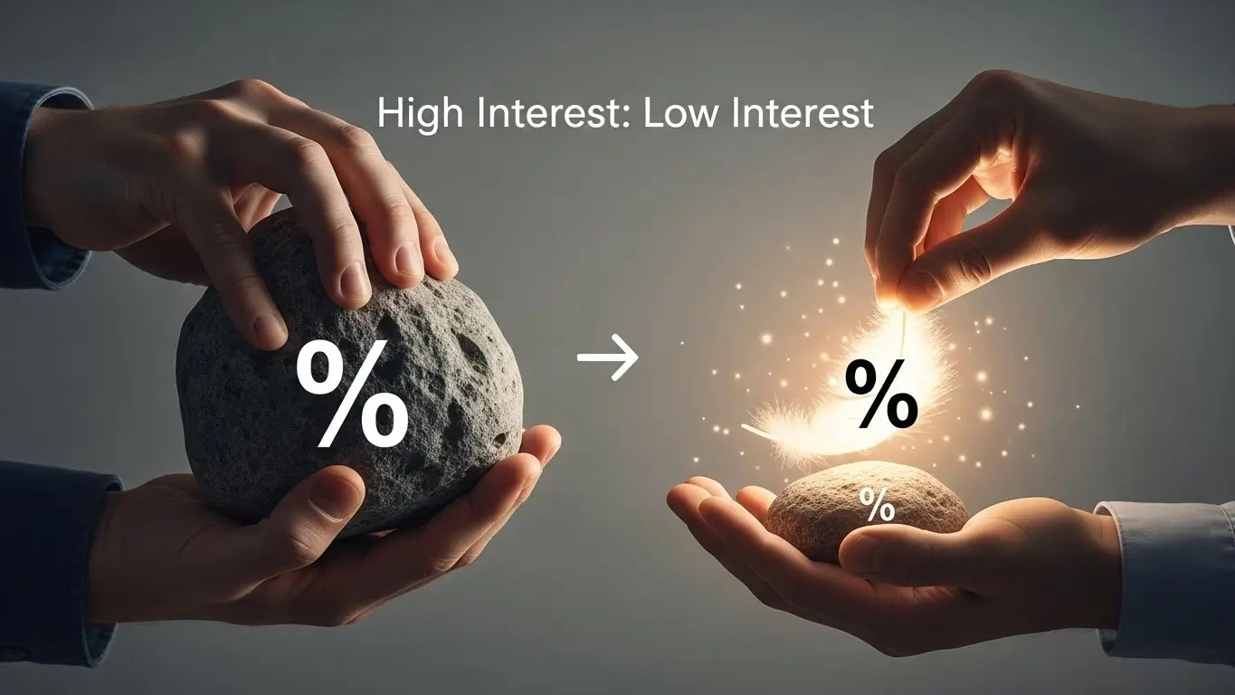 무거운 이자 돌덩이를 내려놓고 가벼운 깃털을 잡는 사람의 손을 통해 대출 갈아타기의 효과를 상징적으로 표현한 이미지