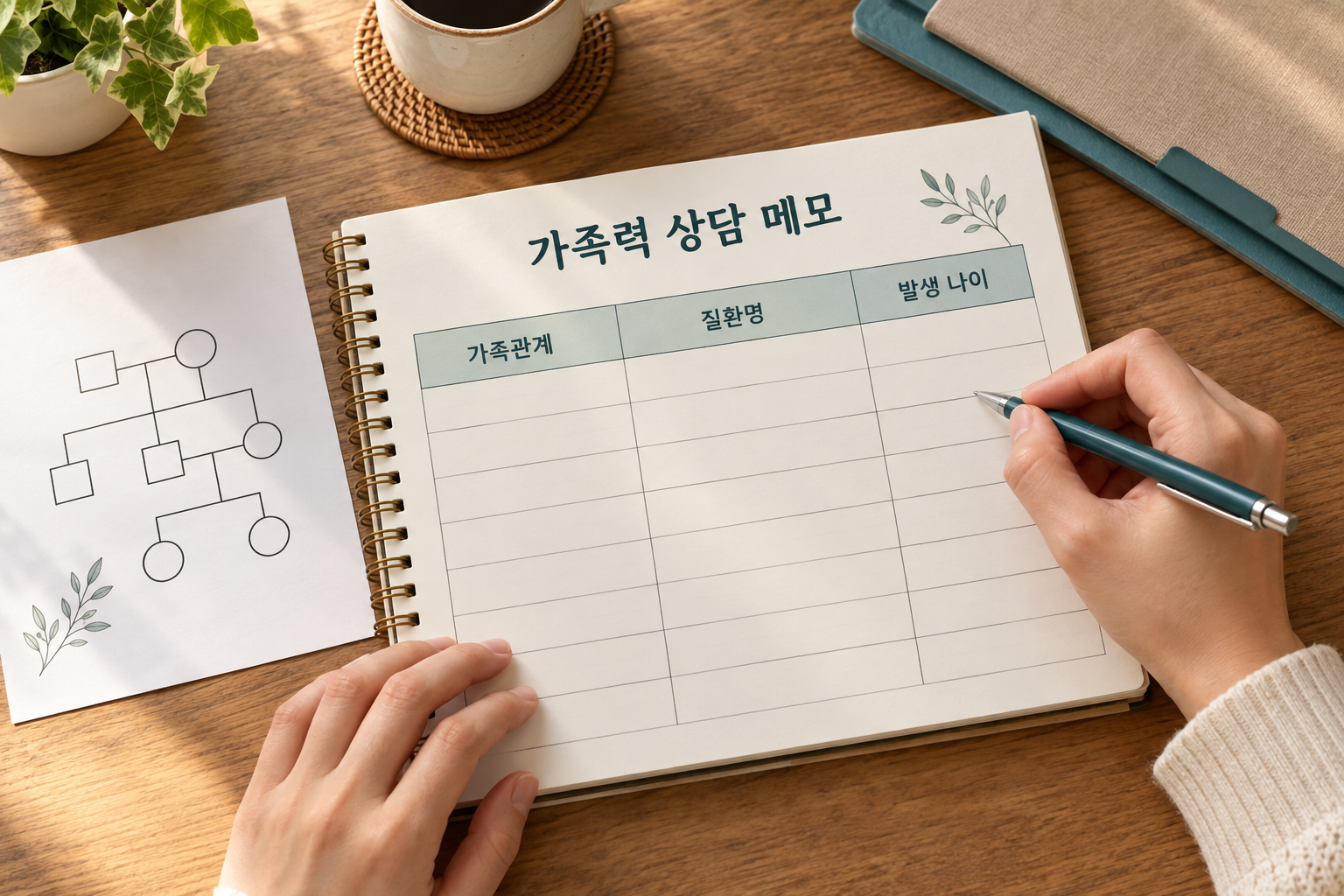 가족관계&middot;질환명&middot;발생나이를 정리하는 손과 메모