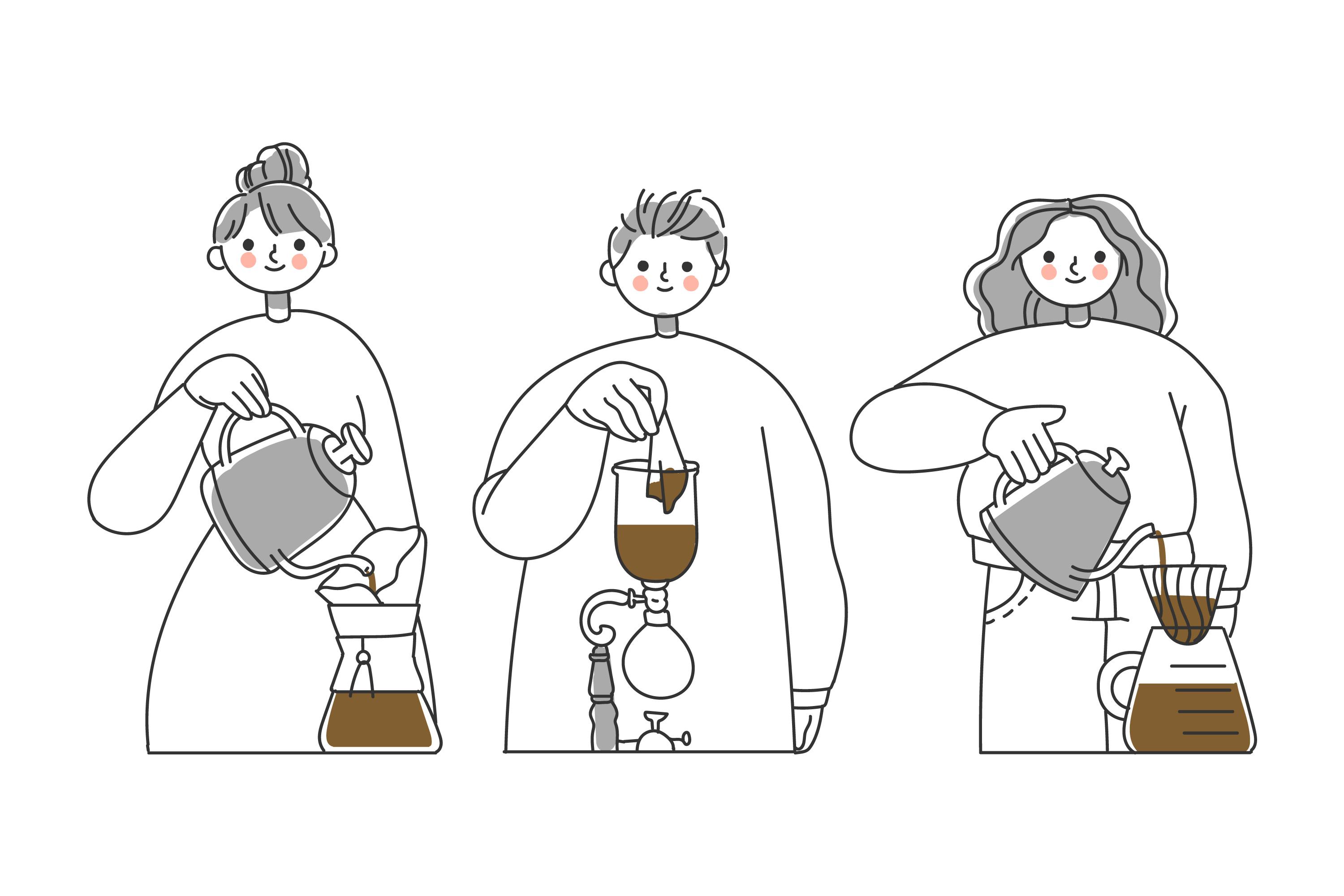 커피를 준비하는 세 명의 캐릭터 모습이다. 왼쪽에는 머리를 올린 여성이 드립 포트로 커피 메이커에 물을 붓는다. 가운데는 짧은 머리의 남성이 사이폰 커피 메이커에 액체를 따른다. 오른쪽에는 긴 웨이브 머리의 여성이 드립 포트로 필터 드리퍼에 물을 부어 커피를 내린다. 모두 흑백 일러스트에 커피만 갈색으로 표현했다.
