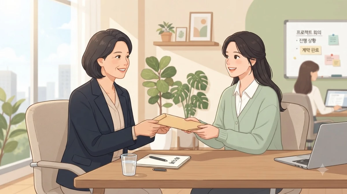 한국인 중년 여성과 젊은 직원이 사무실에서 마주 앉아 서류 봉투를 건네며 이야기하는 장면.