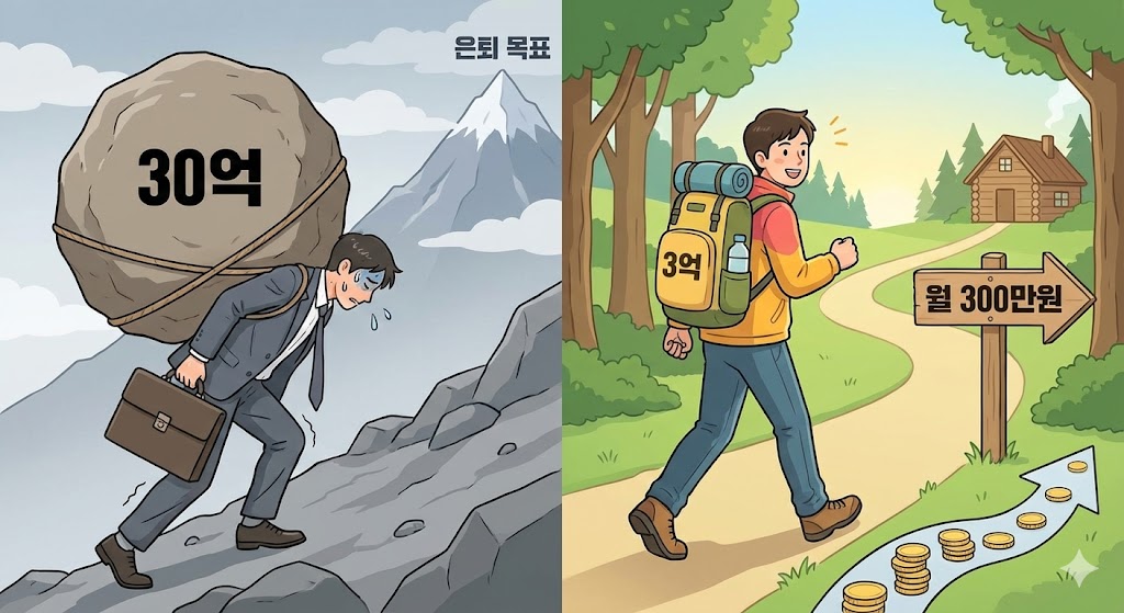 '30억(X)'이라는 무거운 짐을 내려놓고, 가벼운 '3억(O)' 가방을 멘 채 '월 300만원' 표지판을 향해 웃으며 걸어가는 직장인