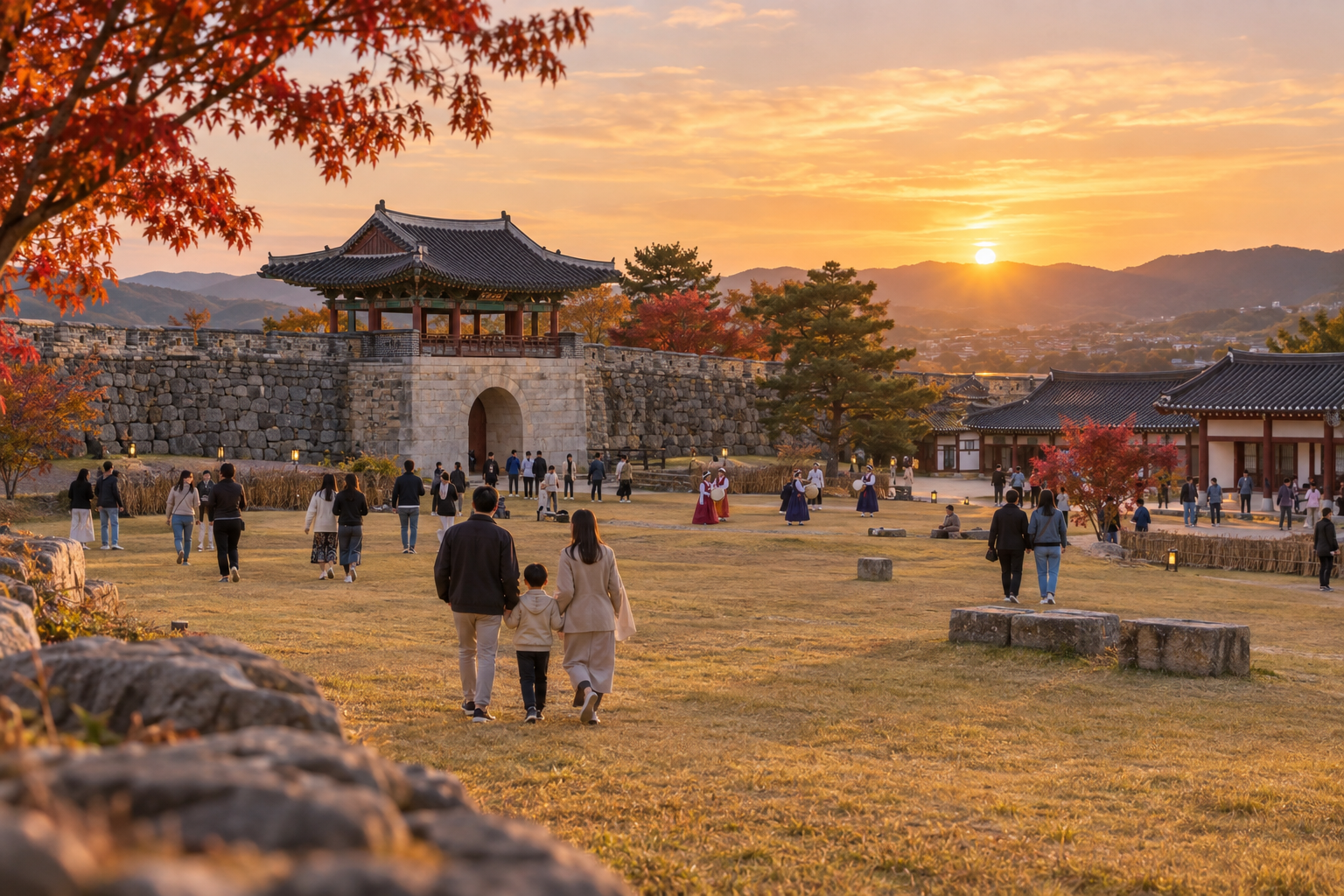 가을 저녁 서산해미읍성의 성곽과 축제 나들이 풍경을 표현한 이미지