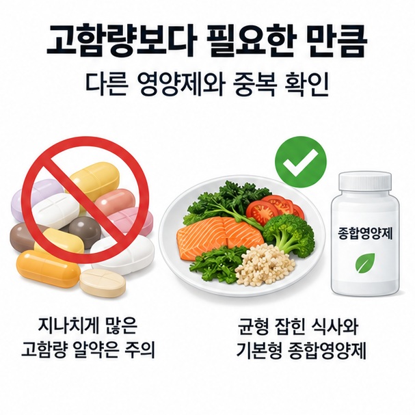 고함량보다 기본 권장량과 영양소 중복 확인이 중요하다는 내용을 보여주는 이미지