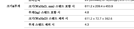 평면 모니터 상세 제원표에서 가로 세로 높이 수치 확인