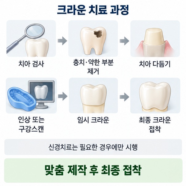 치아 검사 충치 제거와 삭제 구강스캔 임시 크라운 최종 크라운 접착으로 이어지는 치료 과정을 설명한 이미지