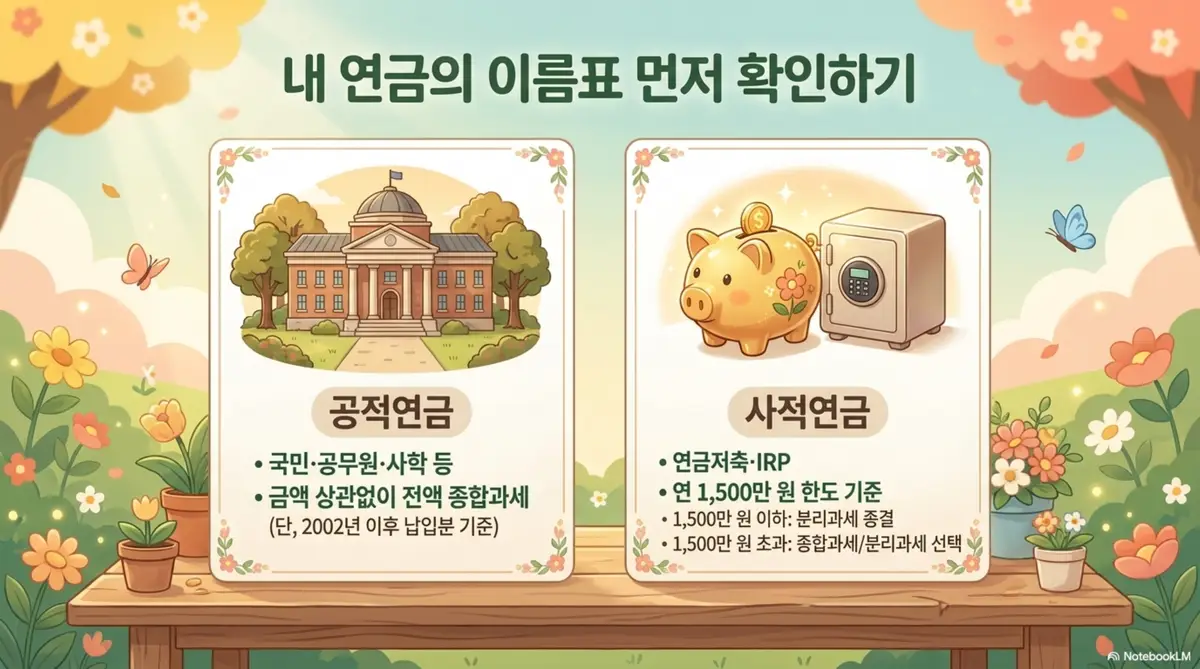 연금소득 종합소득세: 공적연금과 사적연금의 종합소득세 과세 기준을 비교하는 이미지. 공적연금은 국민연금 공무원연금 등으로 금액 상관없이 전액 종합과세 대상이고 사적연금은 연금저축과 개인형퇴직연금으로 연 1500만 원 이하는 분리과세 초과 시 종합과세 또는 분리과세 선택이 가능하다는 내용을 설명함 