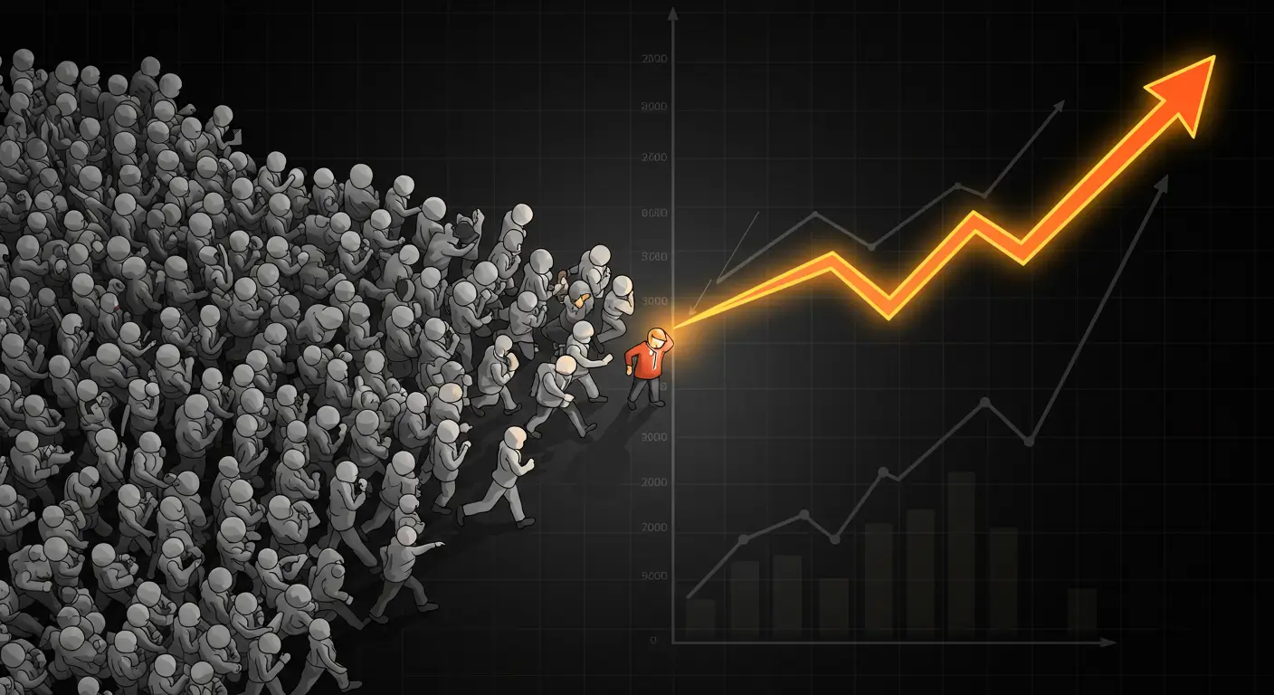 유행을 좇는 대중과 달리 자신만의 길을 가는 현명한 투자자의 모습