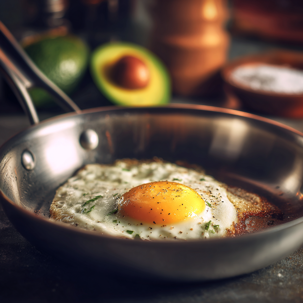 아보카도 오일로 바삭하게 구운 완숙 계란. 팬에서 가장자리가 노릇하게 익었고, 아보카도와 소금이 함께 놓여 있음.