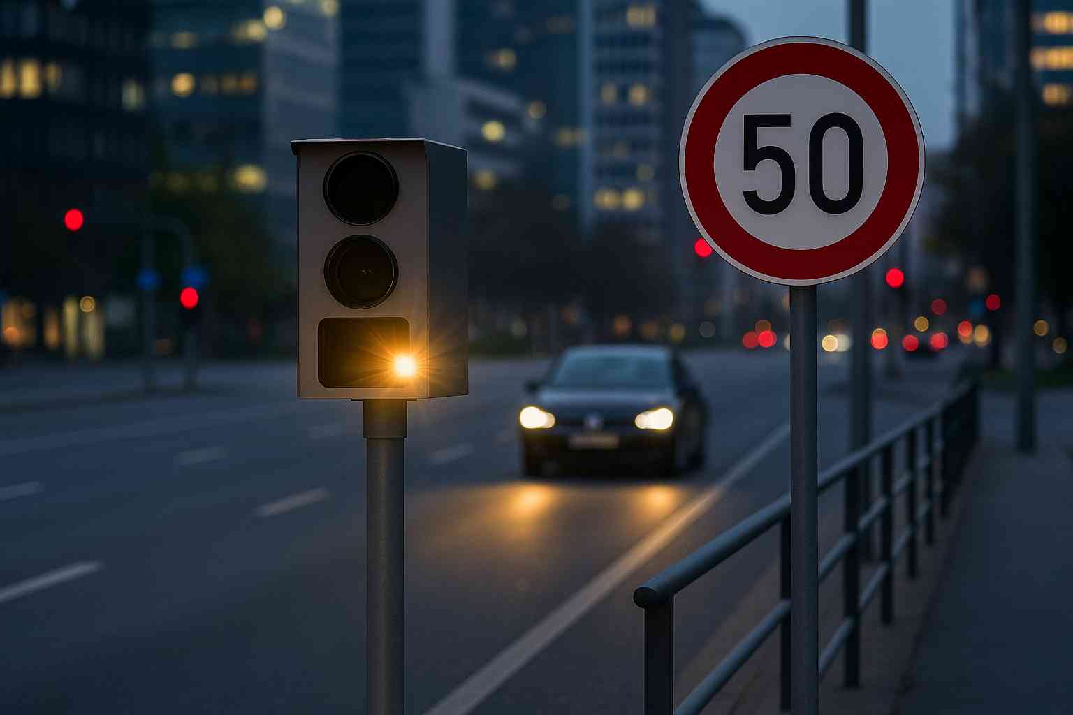 50km 속도제한 표지판 옆에서 무인 단속 카메라가 작동 중인 도시 도로 장면