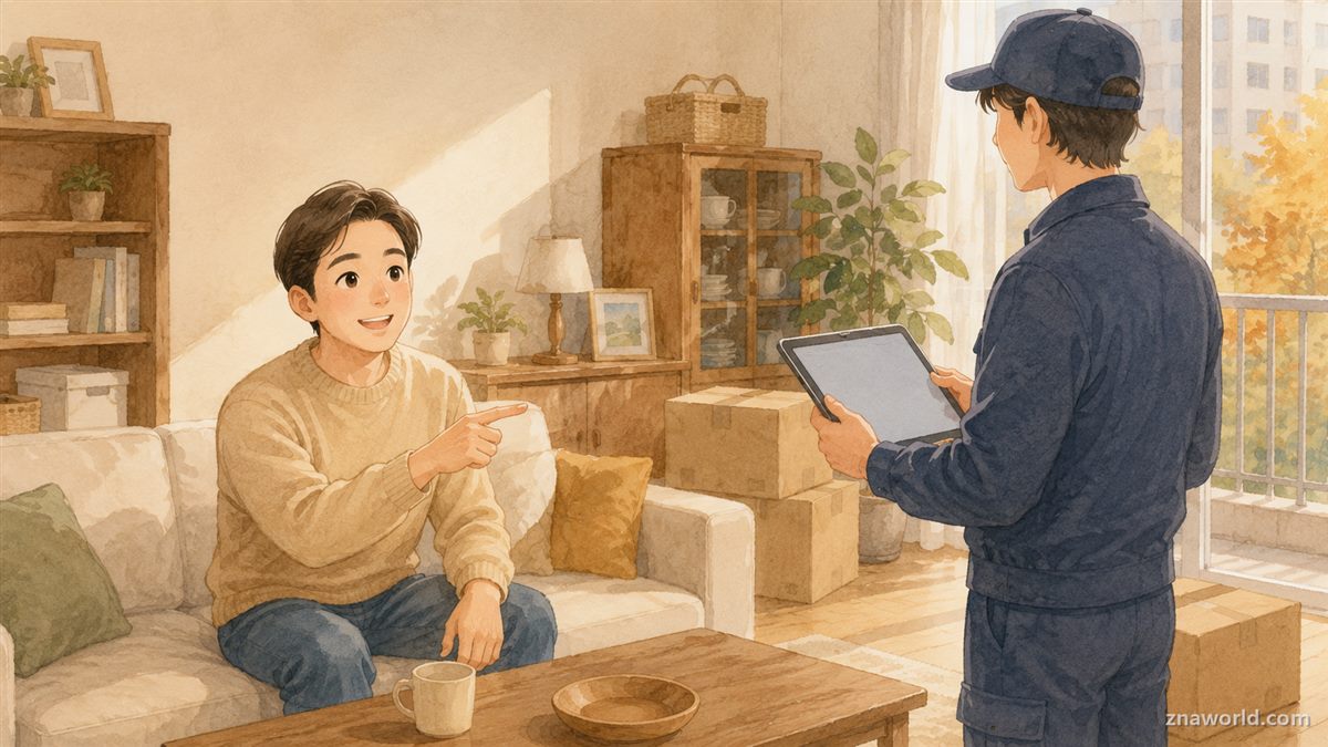이사 업체 직원에게 방문 견적을 받는 모습