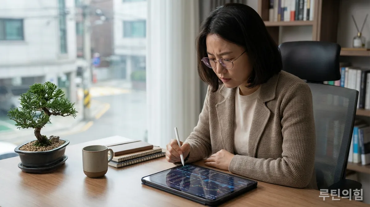 AI 생성 보고서를 신중하게 검토하는 한국인 직장 여성