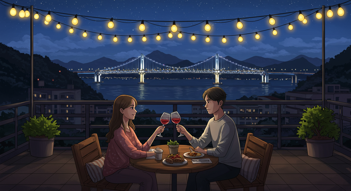 광안대교 야경을 배경으로 루프탑에서 와인을 나누는 커플