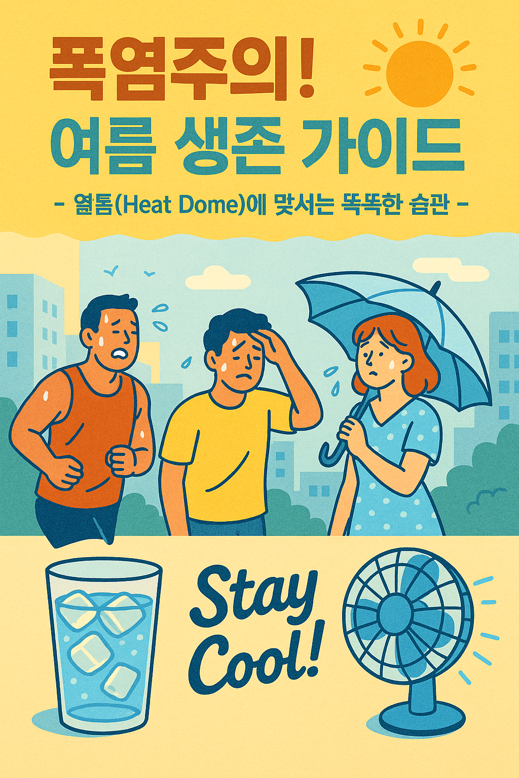 폭염주의! ☀️ 여름 생존 가이드 - 열돔(Heat Dome)에 맞서는 똑똑한 습관 - 강한 햇빛 아래 땀을 흘리는 사람들, 양산을 쓴 여성