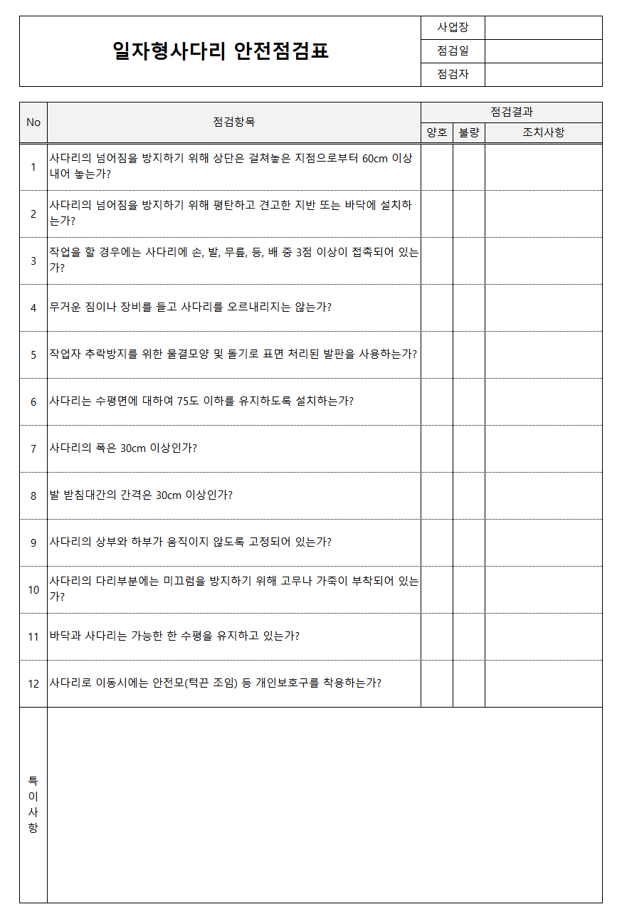 일자형사다리 안전점검표