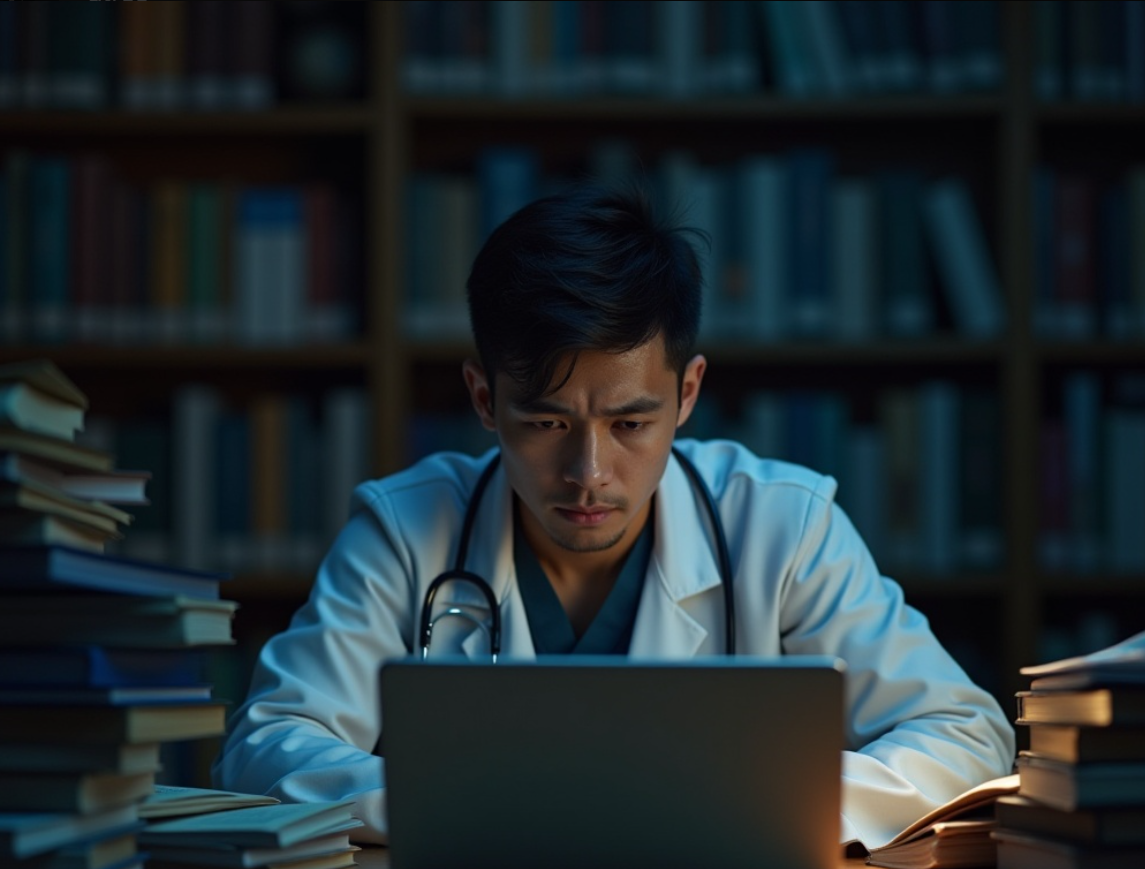 도서관에서 열심히 공부하는 의대생