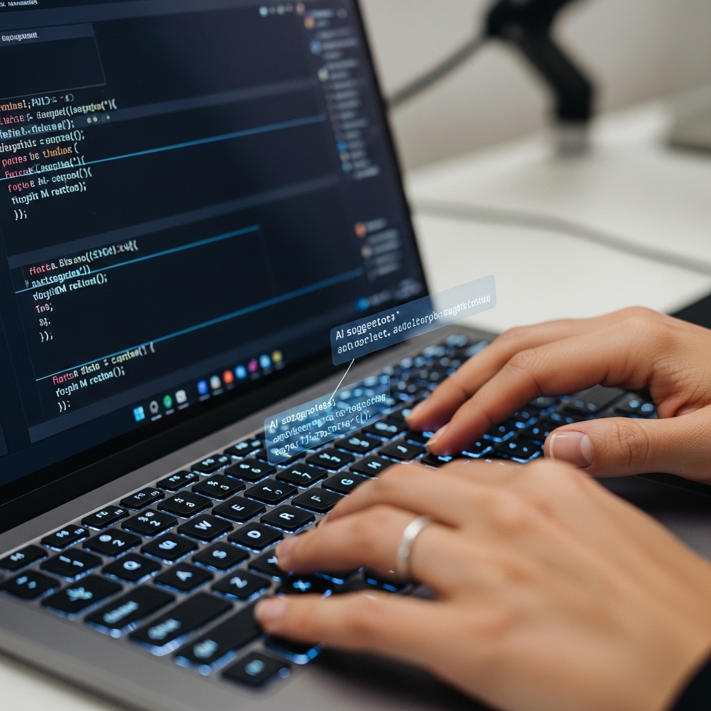 개발자의 손이 키보드를 타이핑하고 있으며, 화면에 AI가 코드를 자동 완성하는 모습2