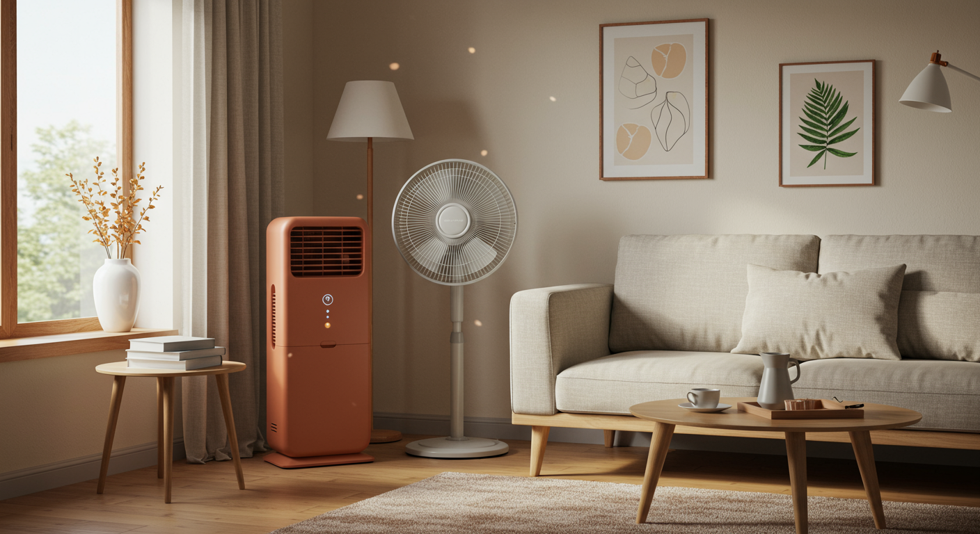 테라코타 색상의 써큘레이터와 라이트 그레이 선풍기가 놓인 아늑하고 모던한 거실, 냉방 효율과 쾌적함을 상징하는 여름 풍경.
