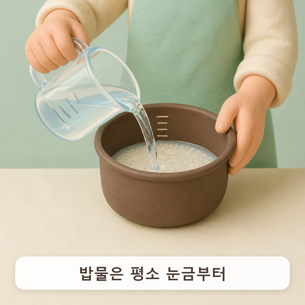 전기밥솥 내솥 눈금선에 맞춰 물을 붓는 손