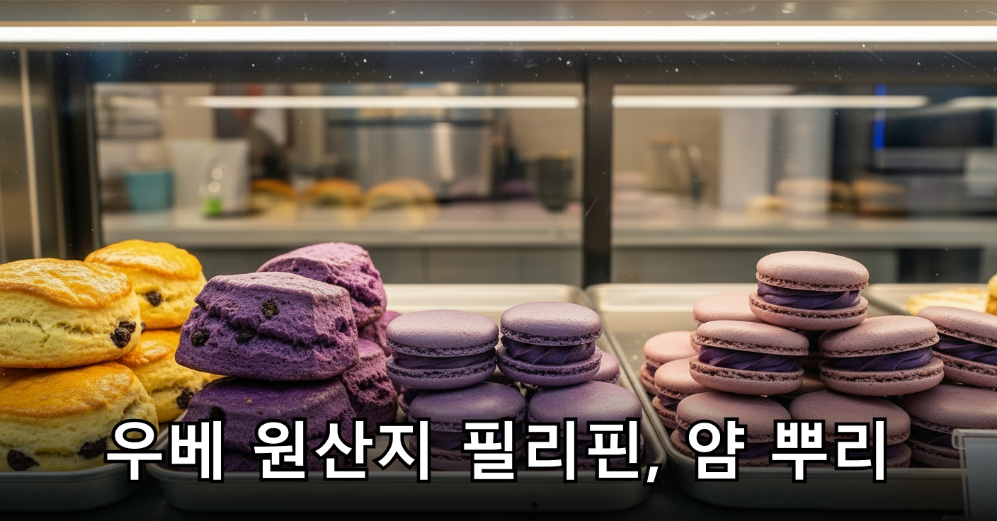 우베로 만든 보랏빛 스콘과 마카롱이 진열된 쇼케이스