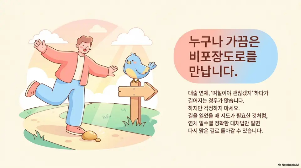 대출 연체를 비포장도로에 비유한 일러스트. 연체 일수별 정확한 대처법을 알면 다시 맑은 길로 돌아갈 수 있다는 내용을 시각적으로 전달하며&amp;#44; 대출 연체 단계별 불이익 총정리 글의 도입부를 설명함 