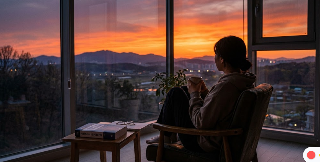 창밖의 노을을 보며 잠시 휴식을 취하고 있는 수험생의 편안한 모습