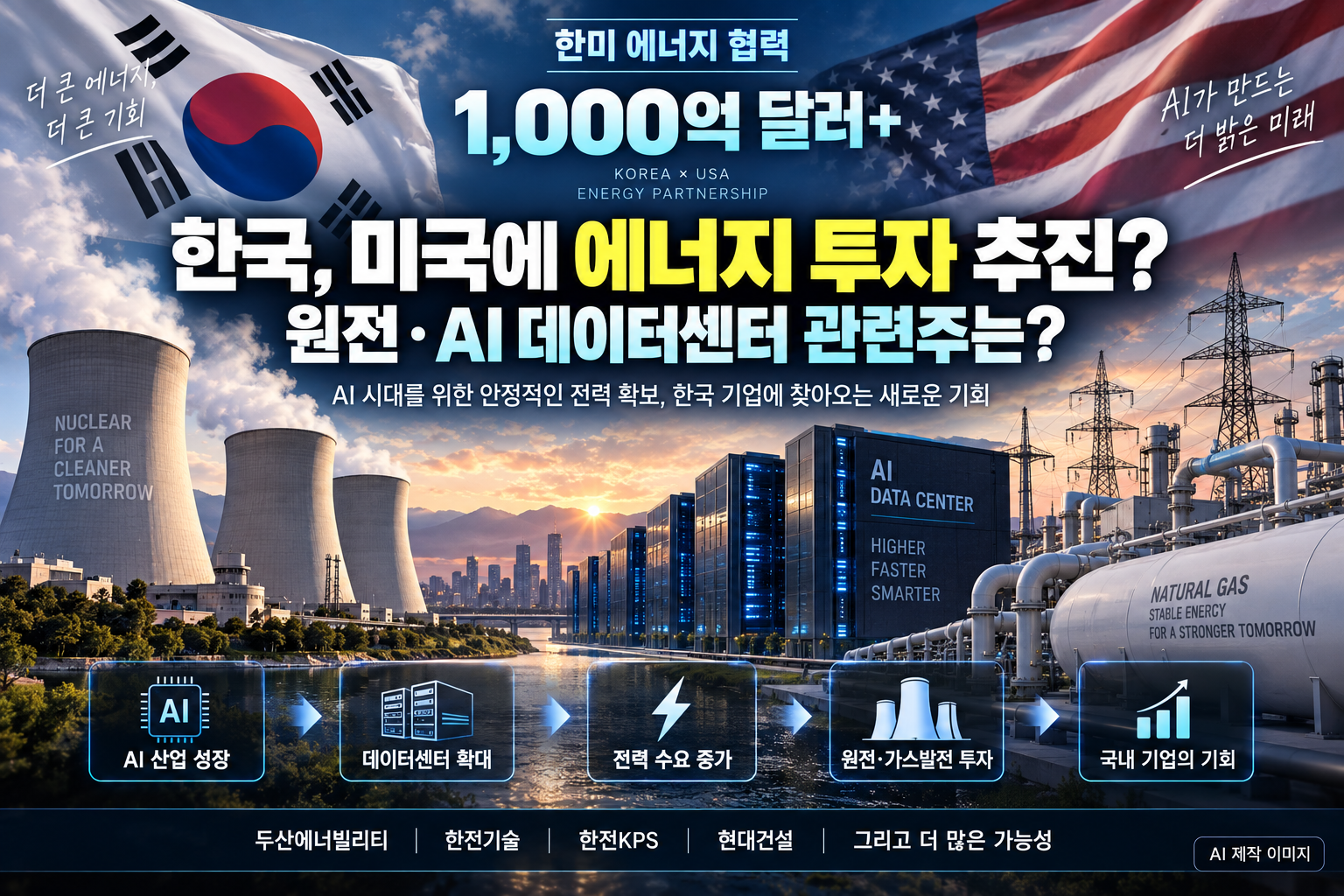 한국의 미국 에너지 투자 추진과 원전·AI 데이터센터 관련주를 설명하는 이미지