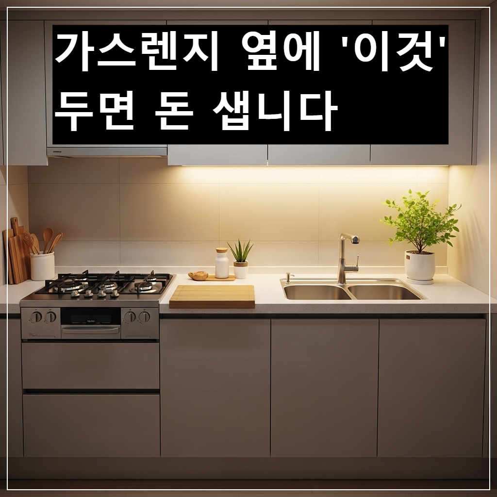 가스렌지와 개수대 사이에 나무 도마와 작은 식물을 두어 풍수적으로 보완한 깨끗한 한국 주방 인테리어