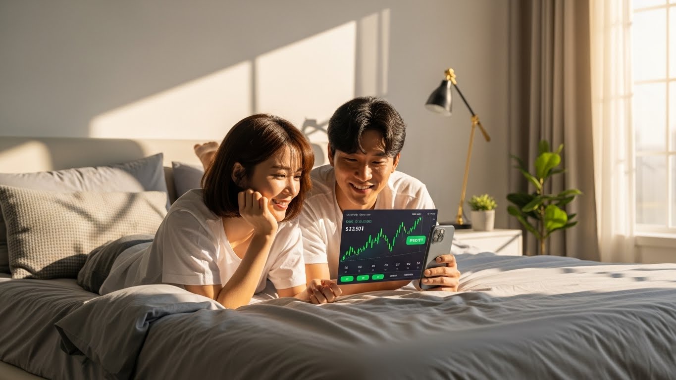 아침에 일어나자마자 스마트폰으로 입금된 이자를 확인하며 하루를 기분 좋게 시작하는 한국 커플