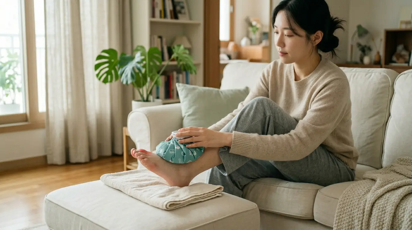 냉찜질 팩을 발가락 관절에 올려둔 통풍 응급 관리 장면