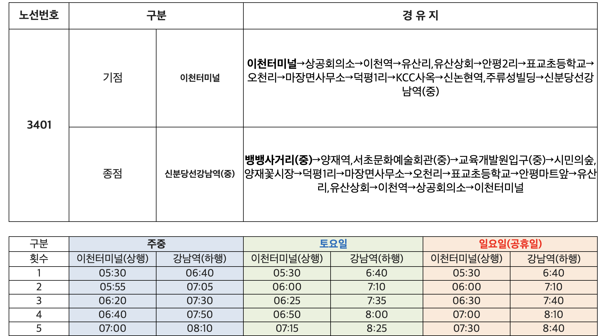 3401번 광역버스 노선, 시간표 미리보기