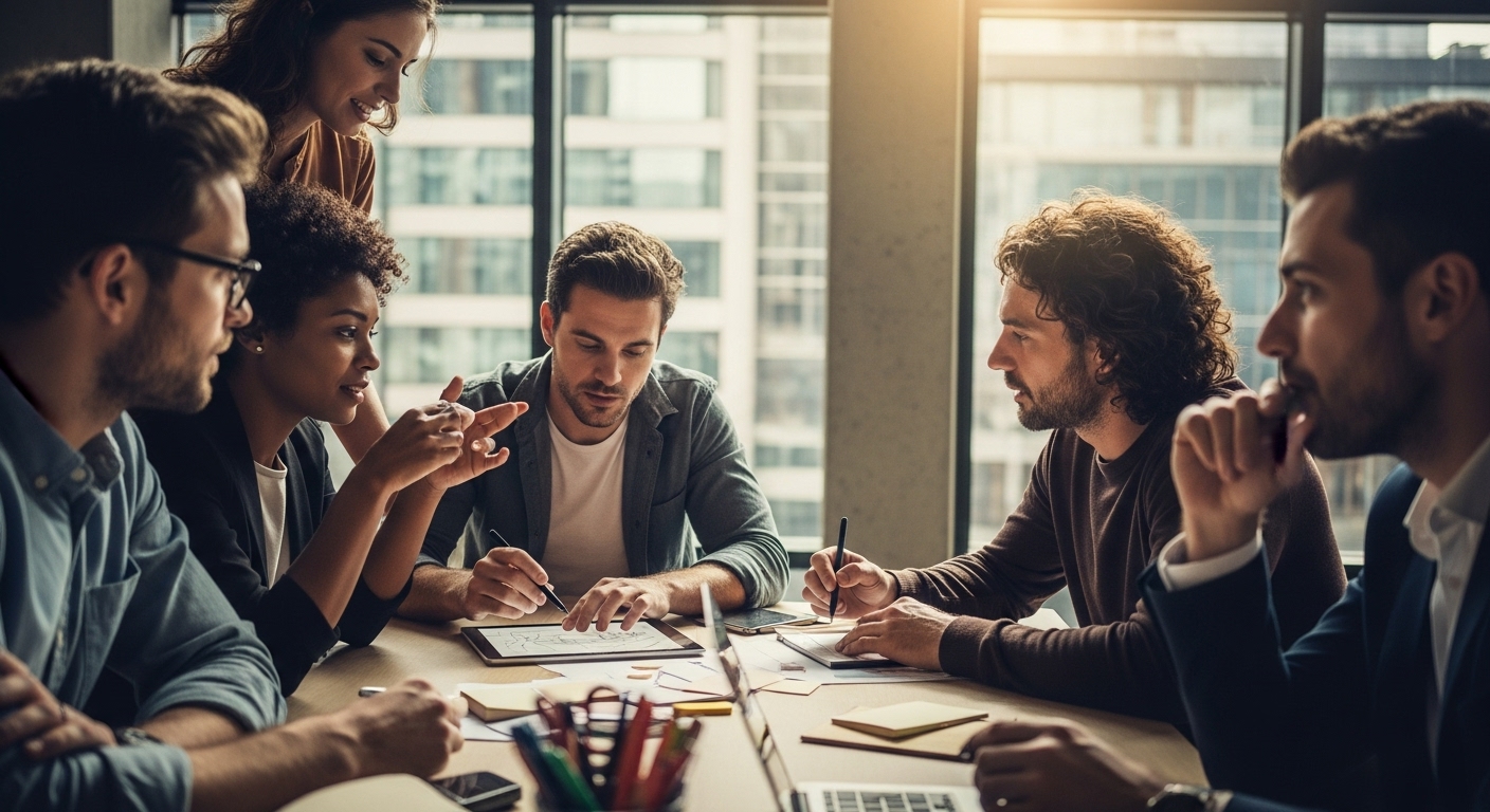 햇살이 들어오는 회의실에서 다양한 사람들이 협업하며 아이디어를 나누는 모습. AI 시대에 더욱 중요해진 공감과 소통 능력을 보여준다.