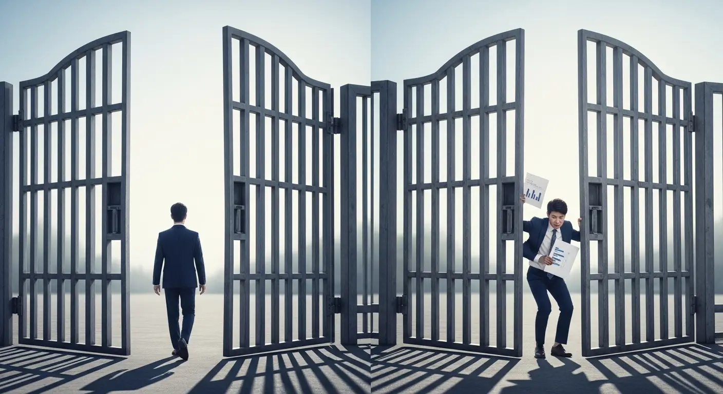 직장인(넓은 문)과 개인 사업자(좁은 문)의 DSR 한도 차이를 비교하는 상징적인 이미지