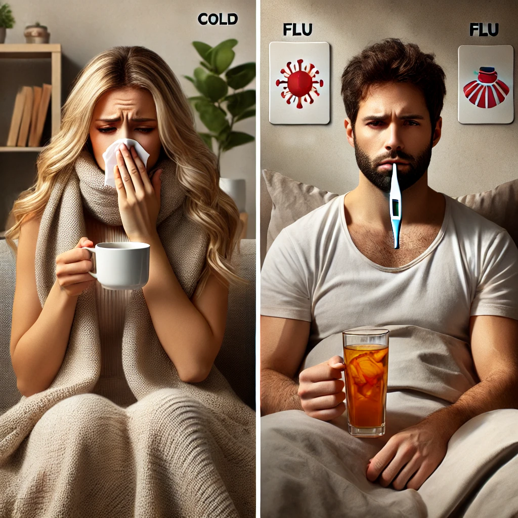 감기와 독감의 차이를 비교하는 이미지. 한쪽은 가벼운 감기 증상(재채기, 피곤), 다른 쪽은 심한 독감 증상(고열, 극심한 피로)