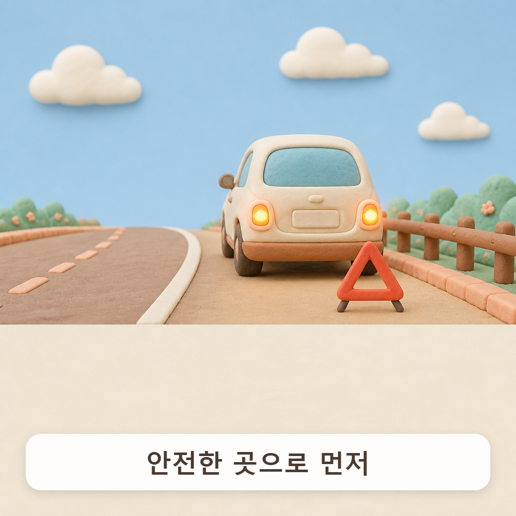 도로 갓길에 비상등을 켠 자동차와 삼각대