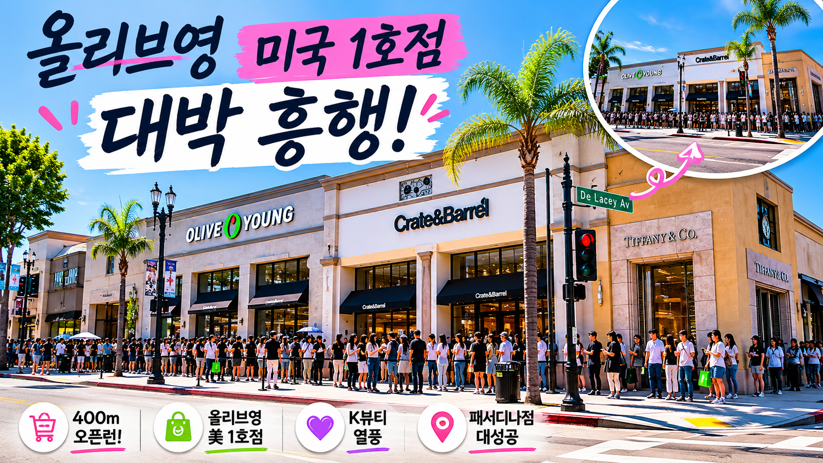 올리브영 미국 패서디나 1호점 앞에 긴 오픈런 대기줄이 이어지고, 야자수와 쇼핑몰 거리를 배경으로 K뷰티 열풍과 미국 시장 진출 성공 분위기를 강조한 블로그 썸네일 이미지