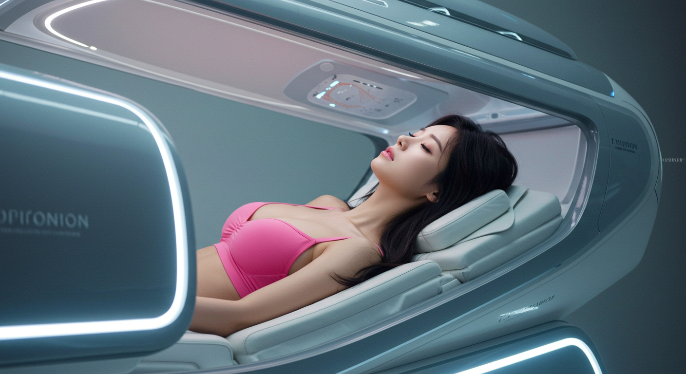 의료캡슐 안에 누워있는 여성
